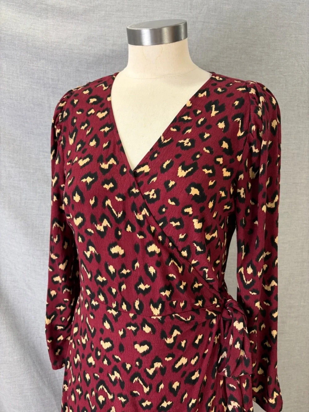 Cleobella Burgundy Leopard Print Wrap‎ Midi Dress 3/4 Sleeve Boho M